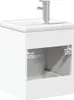 A white bathroom vanity with a sink and faucet. Produktbild-Vorschau