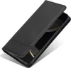 A black leather flip case for a smartphone is shown at an angle, with the flip cover partially open. Produktbild-Vorschau
