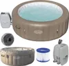 A collage of images showing a Lay-Z-Spa Whirlpool Palm Springs AirJet, its components, and accessories. Produktbild-Vorschau
