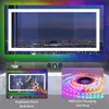 A collage showing a large LED bathroom mirror with RGB lighting, a close-up of a broken mirror with a hammer, and a roll of RGB LED strip lights. Produktbild-Vorschau