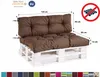 A brown pallet cushion set on a white pallet, with measurement indicators and certification logos. Voir les images du produit