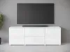 A modern white sideboard with a soundbar and television in a minimalist room.