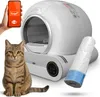 A cat sits in front of an automatic cat litter box, with a smartphone showing the Tuya app in the background. Anteprima dell’immagine prodotto