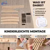 An image showing the components of a bed frame and instructions for assembly. Produktbild-Vorschau
