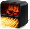A black electric heater with a simulated flame effect and orange heat waves emanating from the bottom. Produktbild-Vorschau