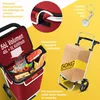 A collage of images showcasing a red shopping trolley with various features and contents, alongside a cardboard box. Produktbild-Vorschau