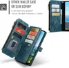 A blue wallet case for a smartphone is shown open, displaying card slots and a phone. Text overlays describe its features. Anteprima dell’immagine prodotto