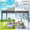 A split image showing a pop-up gazebo in two different weather conditions: sunny and snowy. The sunny side shows a patio furniture set in a garden, while the snowy side shows the same furniture set covered in snow. Produktbild-Vorschau