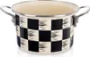 A close-up studio shot of a black and white checkered enamel pot. Produktbild-Vorschau