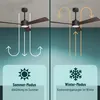 A split image showing a ceiling fan in two different modes: summer and winter. The summer mode shows air flowing down, while the winter mode shows air flowing up. Icons for sun and snowflake represent the modes. Produktbild-Vorschau
