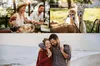 A collage of four images: a couple enjoying a meal outdoors, two alpacas, and a couple walking on a beach. Produktbild-Vorschau