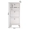 A white shoe cabinet with three drawers, shown with dimensions indicated by measurement lines and text. Produktbild-Vorschau