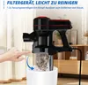 A hand is shown emptying a vacuum cleaner's dustbin into a white container. Produktbild-Vorschau