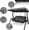 A garden swing chair with a cover, shown with close-up details of the cover. Produktbild-Vorschau