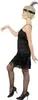 A woman wearing a black flapper dress and a sequined headband with a feather, posing against a white background. Produktbild-Vorschau