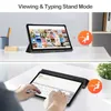 Two images showing a tablet in different stand modes, one for viewing and one for typing, with icons indicating usage. Produktbild-Vorschau