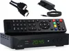A black satellite receiver with its remote control, power adapter, and HDMI cables are displayed against a white background. Produktbild-Vorschau