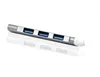 A silver USB hub with four blue USB ports is shown on a white background with its reflection. Produktbild-Vorschau