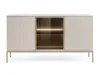 A modern, light beige sideboard with fluted doors and a glass-fronted central section with LED lighting, set on thin gold legs, presented against a white background. Produktbild-Vorschau