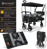 A collage of images showing a foldable wagon, its dimensions, weight capacity, material, and a folded view. Produktbild-Vorschau