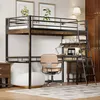 A loft bed with a desk and shelves underneath, set up in a bedroom. Produktbild-Vorschau