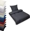 A stack of folded bedding in various colors and a single bedding set in dark gray.