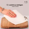 A hand is shown cleaning a wooden cutting board with a paper towel, with text indicating it's easy to clean. Produktbild-Vorschau