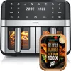 A dual-chamber air fryer with a package of air fryer parchment paper in front of it. Produktbild-Vorschau