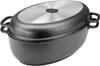 A black oval-shaped pot with a silver lid is shown from a side angle against a white background. Produktbild-Vorschau