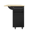 A black kitchen trolley with a light wood folding top and two shelves on the side, shown from the side on a white background. Produktbild-Vorschau