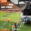 A dog is using a set of foldable dog stairs to get into the back of a car. The stairs are shown in different configurations with dimensions indicated. Náhľad obrázku produktu