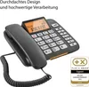 A black Gigaset corded phone is shown from a diagonal angle, with its handset resting on the base. The phone's screen displays text and numbers, and there is a marketing award badge in the bottom right corner. Náhled obrázku produktu