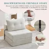 A beige foldable sofa bed with a pillow, shown in a room setting with close-up insets highlighting fabric texture, buckle closure, and foam density. Náhled obrázku produktu