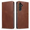A brown leather flip case for a Samsung Galaxy A16 phone, shown from the front and back. Produktbild-Vorschau