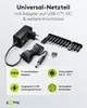 A universal power adapter with multiple interchangeable tips and USB-C connection, presented with feature callouts. Náhľad obrázku produktu