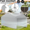 A grey tent garage is shown in a grassy outdoor setting, with close-up insets highlighting its assembly features and stability. Náhled obrázku produktu