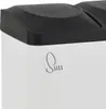 A close-up view of the top section of a white trash can with a black lid and a logo on the side. Voir les images du produit