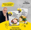 A man is shown next to two recipe cards, with illustrations of vegetables at the bottom. Produktbild-Vorschau
