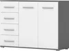 A studio shot of a gray and white sideboard with two doors and four drawers. Voir les images du produit