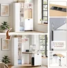 A collage showing a white bookshelf that can transform into a desk with a bookshelf, with close-ups of features like a power outlet and safety bracket. Produktbild-Vorschau