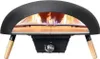 A black gas pizza oven with wooden legs is shown against a white background. Produktbild-Vorschau