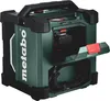 A Metabo Akku-Baustellenradio RC 12-18 32W BT DAB+ is shown against a white background. The radio is dark green with black accents and a black handle. One of the compartments is open, revealing a battery pack inside, and another compartment below it is ope Podgląd zdjęcia produktu