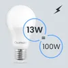 A white LED light bulb is shown next to a graphic comparing its wattage to a traditional incandescent bulb. Produktbild-Vorschau