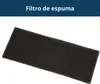 A black foam filter is shown against a white background, with a blue header containing text. Produktbild-Vorschau