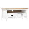 A white TV stand with a wooden top and two drawers, shown against a white background. Náhľad obrázku produktu