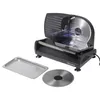 A black electric slicer with a metal tray and a separate blade are displayed on a white background. Produktbild-Vorschau