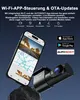 A smartphone and a dashcam are displayed against a dark blue background, with text and app store logos. Produktbild-Vorschau