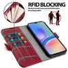 A red phone case with card slots is shown open, displaying a smartphone inside. Text and graphics highlight its RFID blocking feature. Produktbild-Vorschau