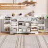 A white kitchen sideboard with drawers and cabinet doors, filled with various kitchen appliances and storage items, set against a white wall and a striped rug. Voir les images du produit