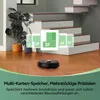 A robot vacuum cleaner on a wooden floor in front of a staircase, with overlaid graphics showing floor plans for different levels. Produktbild-Vorschau